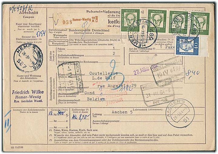 40 pfg. og 2 mk. (4) på internationalt adressekort for pakke fra Hemer-Westig d. 26.3.1964 til Gent, Belgien.