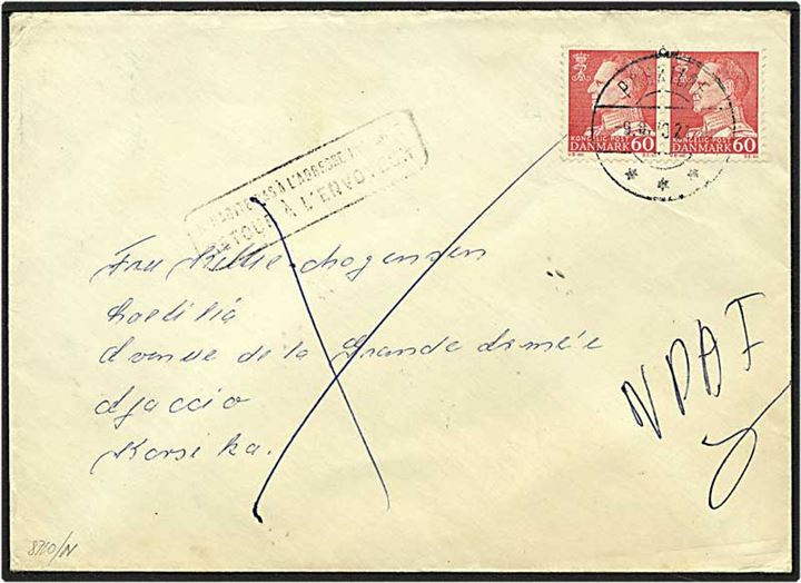 60 øre rød Fr. IX på brev fra Roskilde d. 9.8.1970 til Korsika. Brevet er returneret.