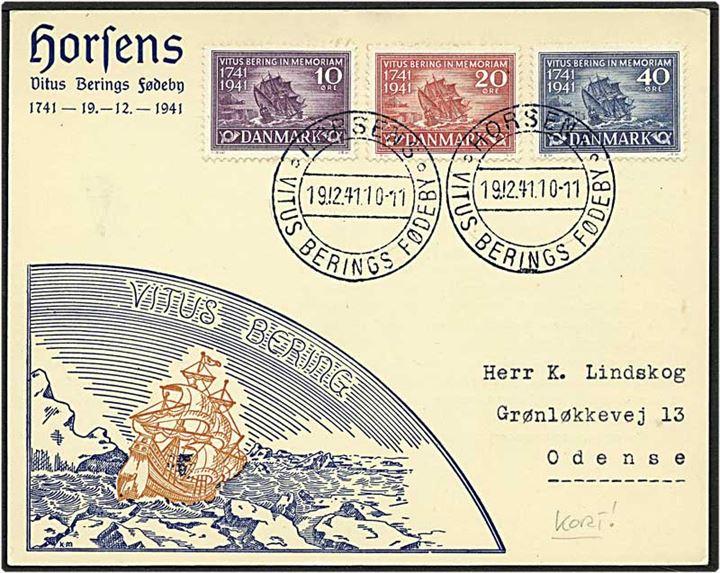 10, 20 og 40 øres Vitus Bering på kort fra Horsens d. 19.12.1941 til Odense. Kortet send på Berings 200 års fødselsdag.