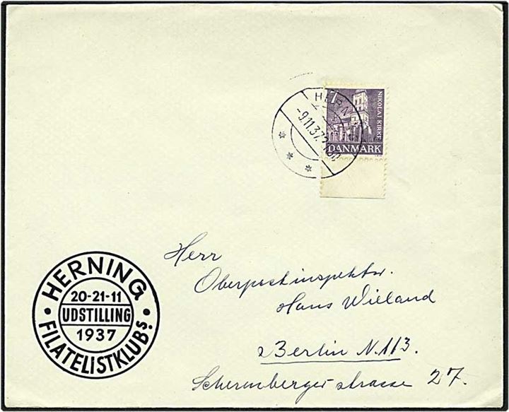 7 øre violet Ribe Domkirke på brev fra Herning d. 9.11.1937 til Berlin, Tyskland.