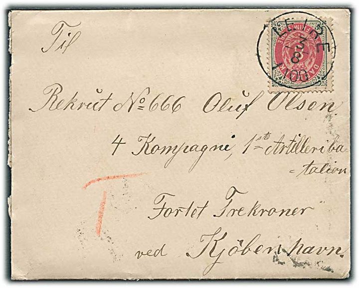 8 øre Tofarvet på brev annulleret med lapidar Leire d. 3.8.1887 via Københavns Toldbod til rekrut på fortet Trekroner ved Kjøbenhavn.