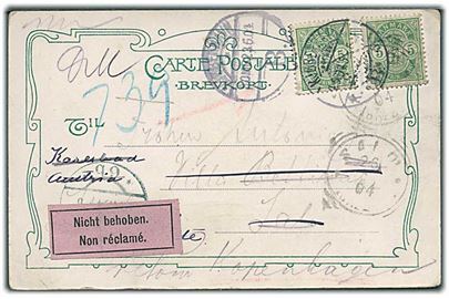 5 øre Våben (2) på brevkort (Alpepanorama i Tivoli) fra Kjøbenhavn d. 24.5.1904 til Østrig. Retur med etiket Nicht behoben.
