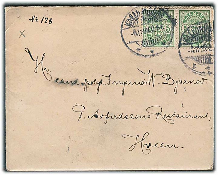 5 øre Våben i parstykke på brev fra Kjøbenhavn d. 6.11.1903 via Landskrona til den svenske ø Hveen i Øresund. 