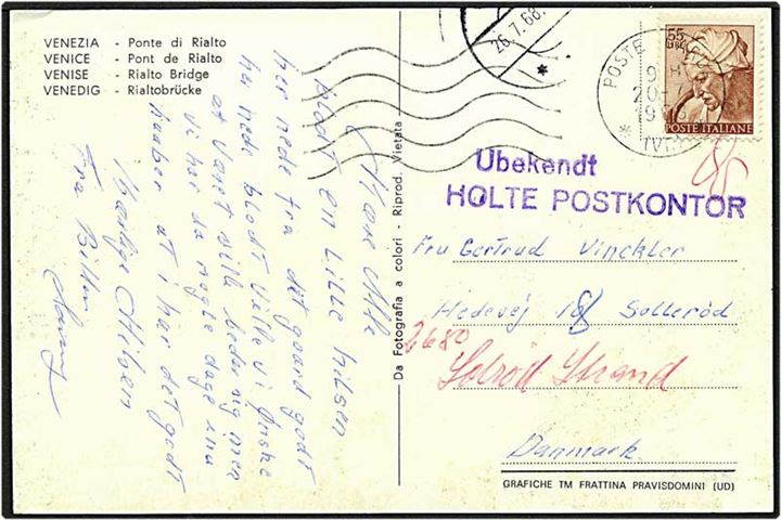 55 lire brun på postkort fra Italien d. 20.7.1968 til Solrød Strand. Liniestempel Ubekendt Holte Postkontor.