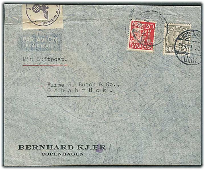 20 øre Karavel og 50 øre Chr. X på luftpostbrev fra København d. 29.4.1941 til Osnabrück, Tyskland. Åbnet af tysk censur i Hamburg.