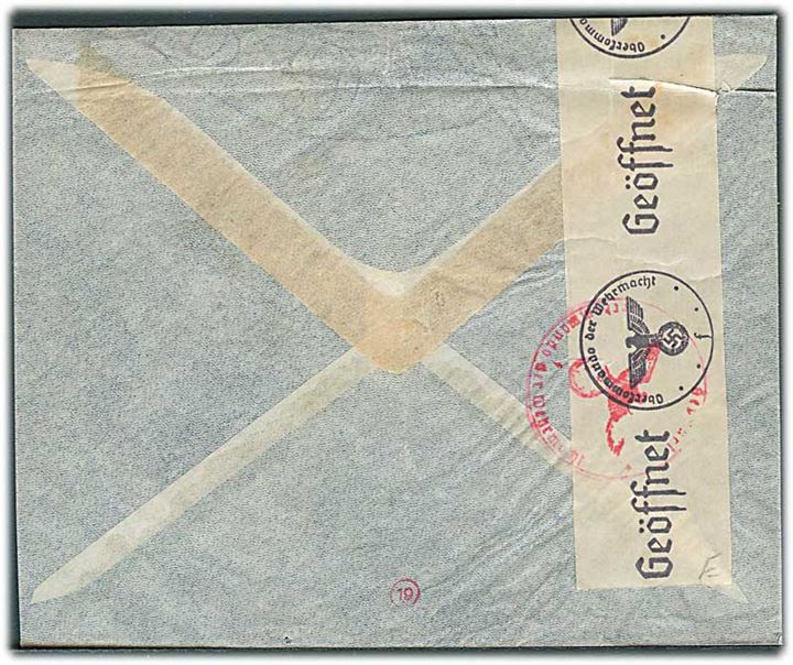 20 øre Karavel og 50 øre Chr. X på luftpostbrev fra København d. 29.4.1941 til Osnabrück, Tyskland. Åbnet af tysk censur i Hamburg.