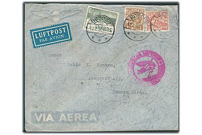 5 øre Regentjubilæum, 1 kr. og 2 kr. Chr. X på 3,05 kr. frankeret luftpostbrev fra Søborg d. 12.7.1937 til Buenos Aires, Argentina. Luftpoststempel Deutsche Luftpost * Europa-Südamerika. 1 mærke med kort tak.