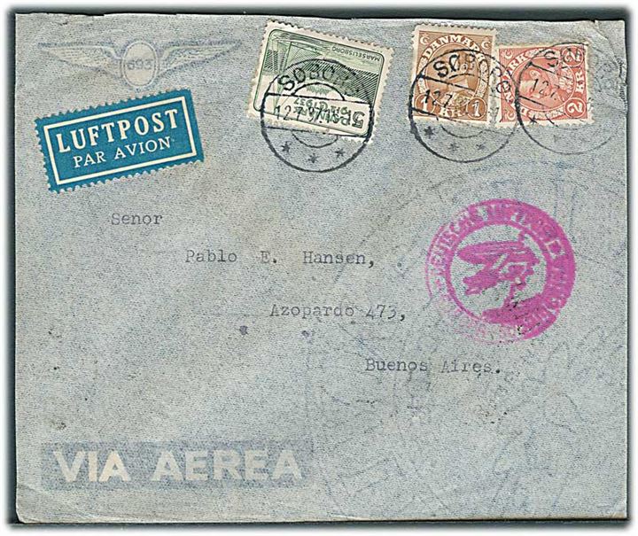 5 øre Regentjubilæum, 1 kr. og 2 kr. Chr. X på 3,05 kr. frankeret luftpostbrev fra Søborg d. 12.7.1937 til Buenos Aires, Argentina. Luftpoststempel Deutsche Luftpost * Europa-Südamerika. 1 mærke med kort tak.