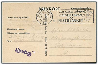 Fortrykt ufrankeret interneret brevkort fra soldat i Sandholm pr. Birkerød stemplet København d. 9.10.1943 til København. Tysk stalag-censur: Geprüft.
