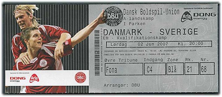 Billet til EM-kvalifikationskamp Danmark - Sverige i Parken d. 2.6.2007. Kampen sluttede 3-3, men Danmark dømt som taber 0-3 pga. en fodbold-tosses angreb på kampens dommer.