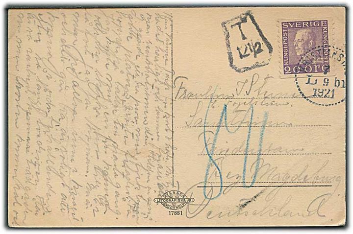 20 öre Gustaf på underfrankeret brevkort fra Kristianstad d. 7.9.1921 til Magdeburg, Tyskland. Sort portostempel T 12½ og udtakseret i 80 pfg. tysk porto.