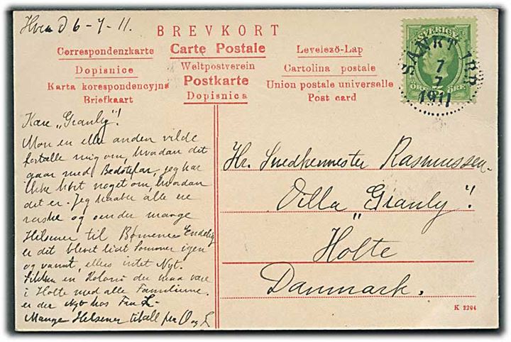 5 öre Oscar II på brevkort stemplet Sankt Ibb på øen Hveen d. 7.7.1911 til Holte, Danmark.