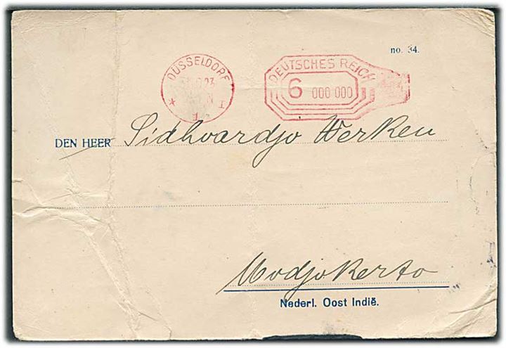 6.000.000 mk. posthusfranko på brevkort sendt som tryksag fra Düsseldorf d. 31.10.1923 til Hollandsk Ostindien. Fold.