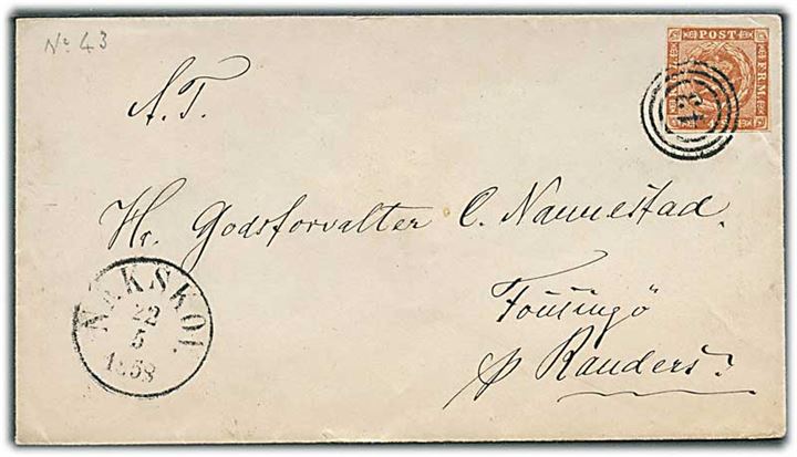 4 sk. 1854 udg. på brev annulleret nr.stempel 43 og sidestemplet antiqua Nakskov d. 22.5.1858 til Fousingø pr. Randers.