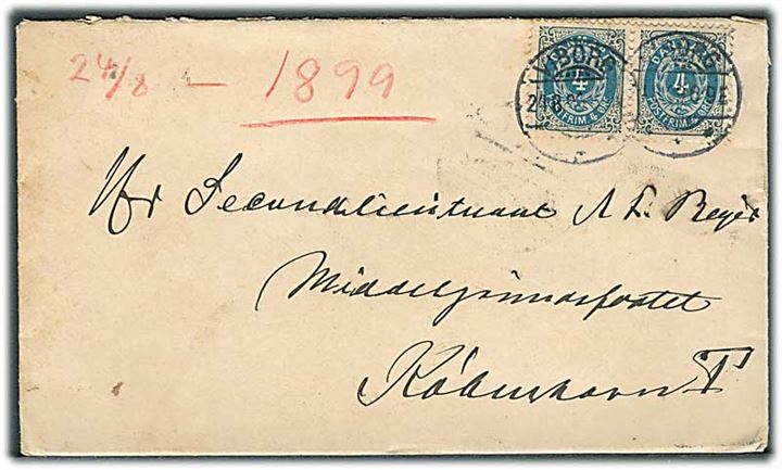 4 øre Tofarvet i parstykke på brev fra Viborg d. 24.8.1899 til officer på Middelgrundfortet pr. Kjøbenhavn T.