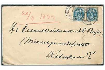 4 øre Tofarvet (2) på brev annulleret med lapidar Viborg JB.P.E. d. 21.9.1899 til officer på Middelgrundfortet pr. Kjøbenhavn T.