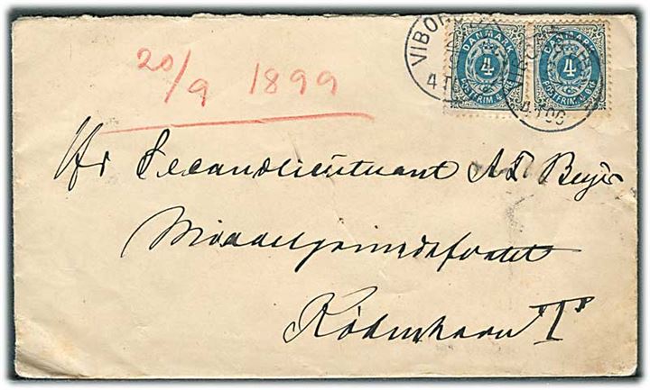 4 øre Tofarvet (2) på brev annulleret med lapidar Viborg JB.P.E. d. 21.9.1899 til officer på Middelgrundfortet pr. Kjøbenhavn T.