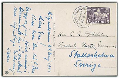 15 øre Frimærkejubilæum (defekt) på brevkort fra København annulleret med svensk skibsstempel Copenhague-Malmö-Nässjö Amb. 141 d. 24.5.1951 til Sverige.