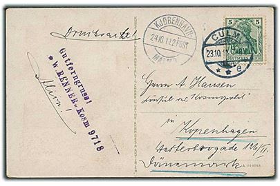 Tysk 5 pfg. Germania på brevkort sendt som tryksag fra Kulm d. 23.10.1911 via sejlende bureau Kjøbenhavn-Malmø 2Post d. 24.10.1911 til København, Danmark.