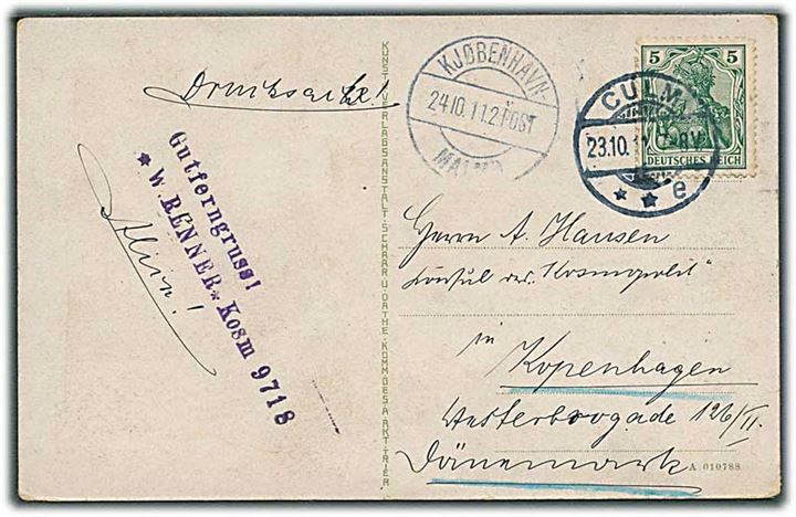 Tysk 5 pfg. Germania på brevkort sendt som tryksag fra Kulm d. 23.10.1911 via sejlende bureau Kjøbenhavn-Malmø 2Post d. 24.10.1911 til København, Danmark.