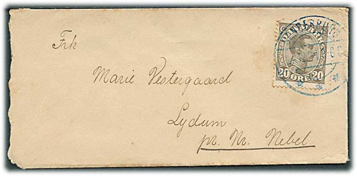 20 øre Chr. X på lille brev annulleret med BLÅT brotype IIb Sønderborg sn1 d. 24.12.1921 til Lydum pr. Nr. Nebel.