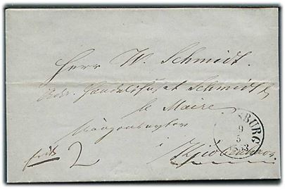 1853. Francobrev med antiqua Flensburg d. 9.5.1853 til Kjøbenhavn. Påskrevet 2 med blæk.
