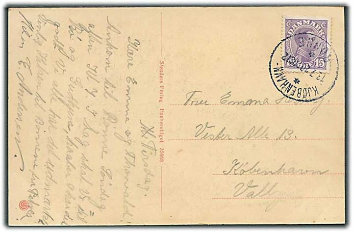 15 øre Chr. X på brevkort fra Bornholm annulleret med sejlende bureaustempel Kjøbenhavn- * * Rønne d. 13.7.1920 Post2 til København.