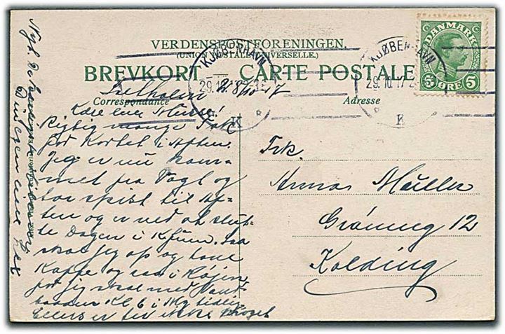 5 øre Chr. X på brevkort dateret Saltholm d. 28.10.1917 og stemplet Kjøbenhavn d. 29.10.1917 til Kolding.