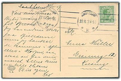 5 øre Chr. X på brevkort dateret Saltholm d. 21.11.1917 og stemplet Kjøbenhavn d. 22.11.1917 til Kolding.