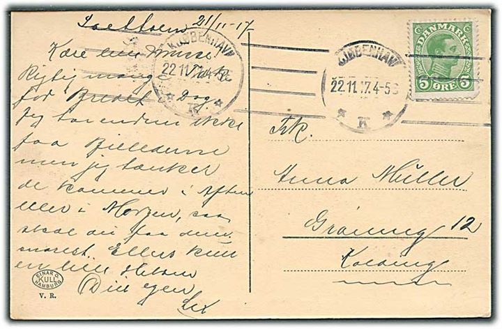 5 øre Chr. X på brevkort dateret Saltholm d. 21.11.1917 og stemplet Kjøbenhavn d. 22.11.1917 til Kolding.