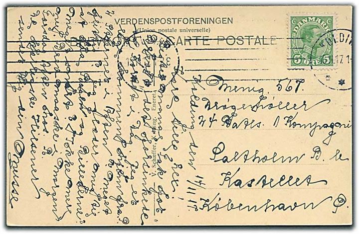 5 øre Chr. X på brevkort fra Kolding d. 15.11.1917 til soldat ved Saltholm Batteri via Kastellet, København Ø.