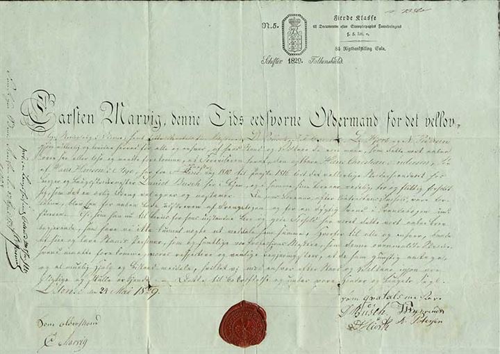 Dokument til oldermand Carsten Harvig i Odense d. 24.5.1829.
