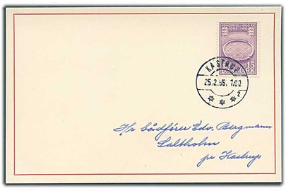 15 øre 1000 års udg. på ispost brevkort fra Kastrup d. 25.2.1955 til Saltholm pr. Kastrup. Filatelistisk.