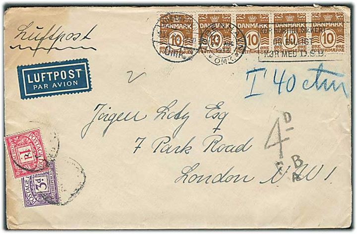 10 øre Bølgelinie (5) på underfrankeret luftpostbrev fra København d. 25.8.1933 til London, England. Engelsk 1d og 3d Portomærker.