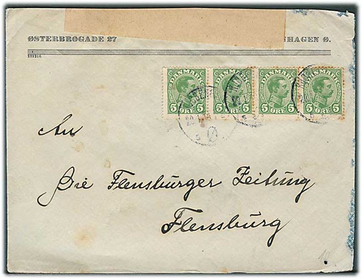 5 øre Chr. X i 4-stribe på brev fra Kjøbenhavn d. 20.1.1919 til Flensburg, Tyskland. Åbnet af tysk censur i Flensburg.