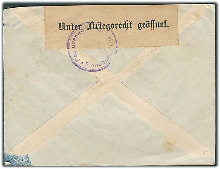 5 øre Chr. X i 4-stribe på brev fra Kjøbenhavn d. 20.1.1919 til Flensburg, Tyskland. Åbnet af tysk censur i Flensburg.