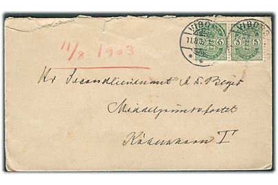 5 øre Våben i parstykke på brev fra Viborg d. 11.8.1903 til officer på Middelgrundfortet ved Kjøbenhavn.