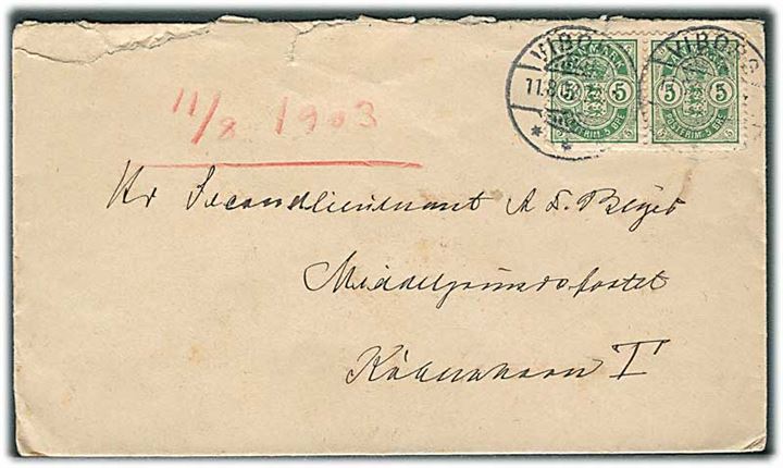 5 øre Våben i parstykke på brev fra Viborg d. 11.8.1903 til officer på Middelgrundfortet ved Kjøbenhavn.