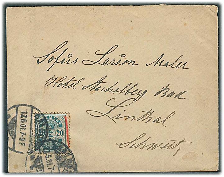 20 øre Våben single på brev fra Aalborg d. 17.6.1901 til Linthal, Schweiz. Mærke med rødkridt streg, antagelig genbrug af frimærke fra overfrankeret forsendelse.
