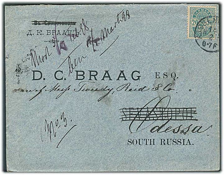 20 øre Våben på brev fra Kjøbenhavn d. 14.2.1898 til Odessa, Rusland.