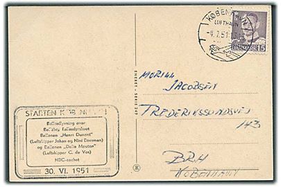 15 øre Fr. IX på brevkort befordret med Ballon Henri Dunant fra Bellahøj til Saltholm d. 30.6.1951. Stemplet København Lufthavn d. 4.7.1951 til København.