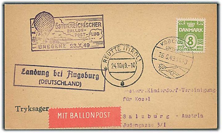 8 øre Bølgelinie på ballonpost tryksag stemplet København Lufthavn d. 26.8.1949 via østrigsk ballon fra Bregenz d. 23.10.1949 og Reutte (Tirol) til Salzburg, Østrig.
