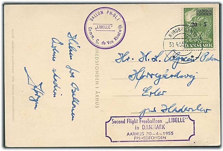 20+5/15+5 øre Frihedsfonden provisorium på ballonpost brevkort fra Aarhus med ballon PH-BLI Libelle d. 30.4.1955 stemplet Nordby Samsø d. 30.4.1955 til Haderslev.