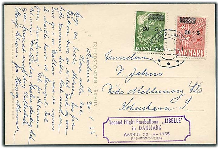 Komplet sæt Frihedsfonden provisorier på ballonpost brevkort fra Aarhus d. 30.4.1955 med ballon PH-BLI Libelle til Samsø. Stemplet Nordby Samsø d. 30.4.1955 til København.