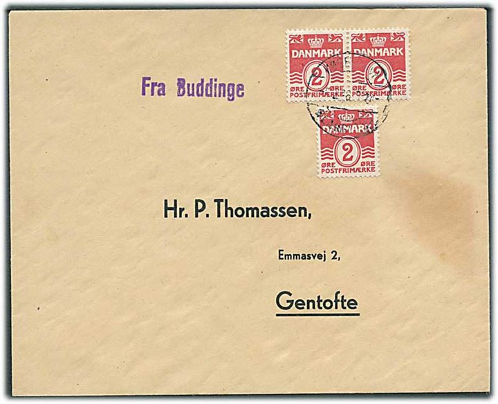 2 øre Bølgelinie (3) på Thomassen kuvert stemplet København - Slangerup T.20 d. 4.2.1946 og sidestemplet med kassetømningsstempel Fra Buddinge til Gentofte.
