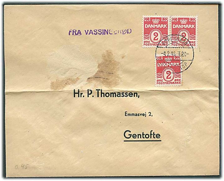 2 øre Bølgelinie (3) på Thomassen kuvert stemplet København - Slangerup T.20 d. 4.2.1946 og sidestemplet med kassetømningsstempel Fra Vassingerød til Gentofte. Fold.