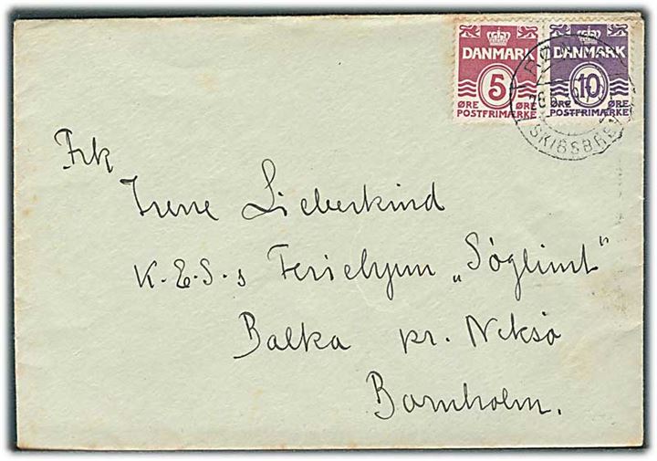 5 øre og 10 øre Bølgelinie på brev fra København stemplet Rønne Skibsbrev d. 26.6.1939 til Balka pr. Neksø.