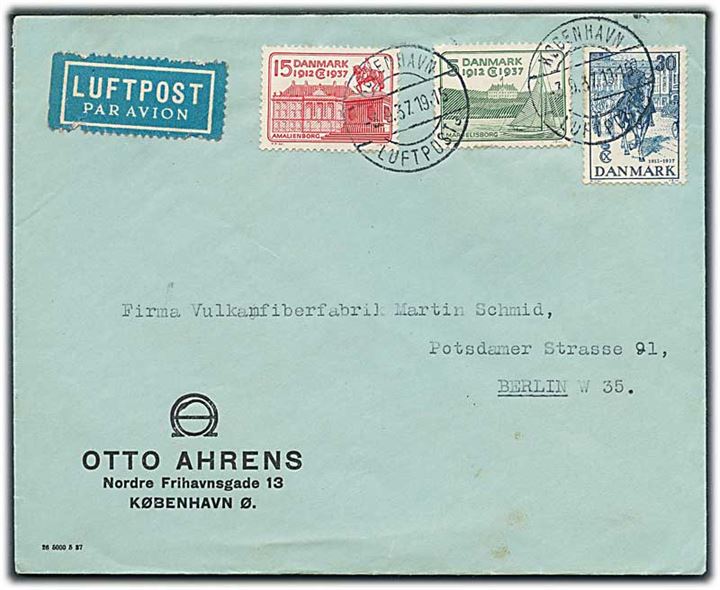 5 øre, 15 øre og 30 øre Regentjubilæum på luftpostbrev stemplet København Luftpost sn3 d. 3.9.1937 til Berlin, Tyskland.