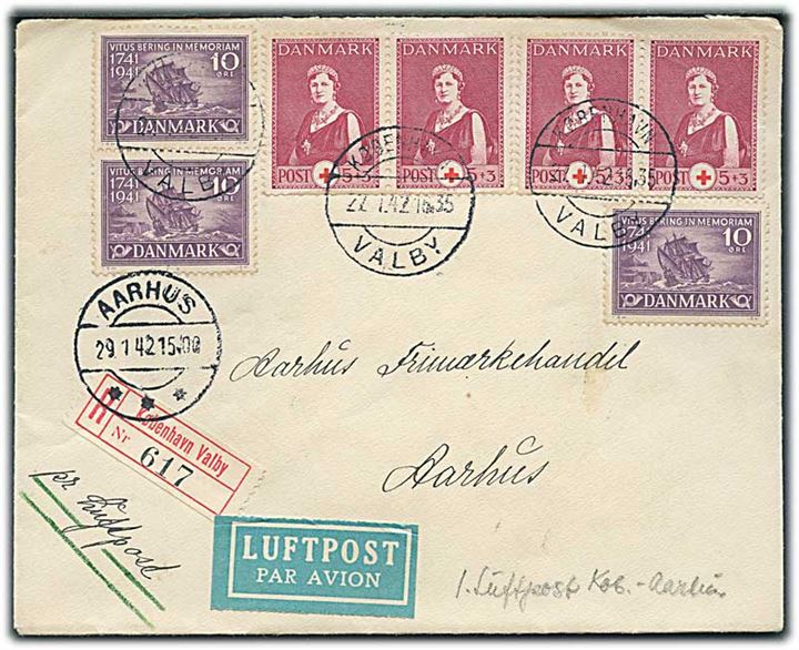 5+3 øre Røde Kors (4) og 10 øre Vitus Bering (3) på anbefalet is-luftpost brev fra København Valby d. 27.1.1942 til Aarhus.