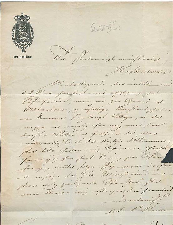 4 sk. Krone/Scepter (mindre skade) på brev, skrevet på 32 skilling stemplet papir, dateret Nordbymark, Glud Sogn annulleret med svagt nr.stempel 30 og sidestemplet antiqua d. 28.3.1866 til Kjøbenhavn. Interessant kombination.